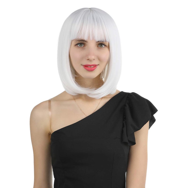 eNilecor Short Bob Hair Wigs 12" Straight with Flat Bangs Synthetic Colorful Cosplay Daily Party Wig for Women Natural As Real Hair+ Free Wig Cap (White) - Image 5